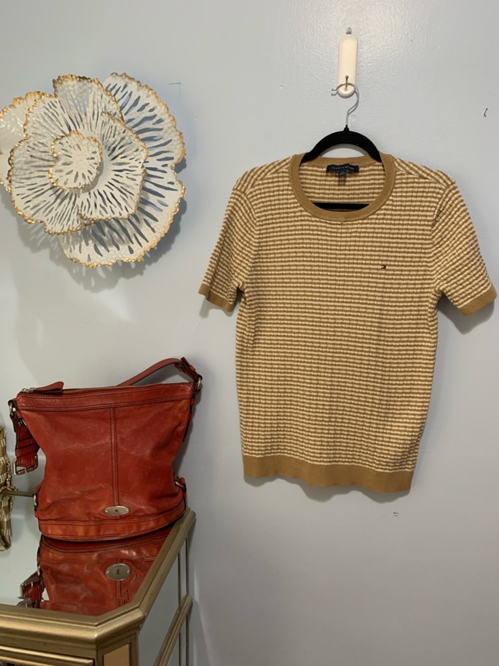 Tommy Hilfiger Tan and Cream Striped Knit Tee